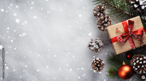 Christmas and New Year background with Christmas tree branches, Christmas toys, gift and snow. Flat lay, light background and with space for text.