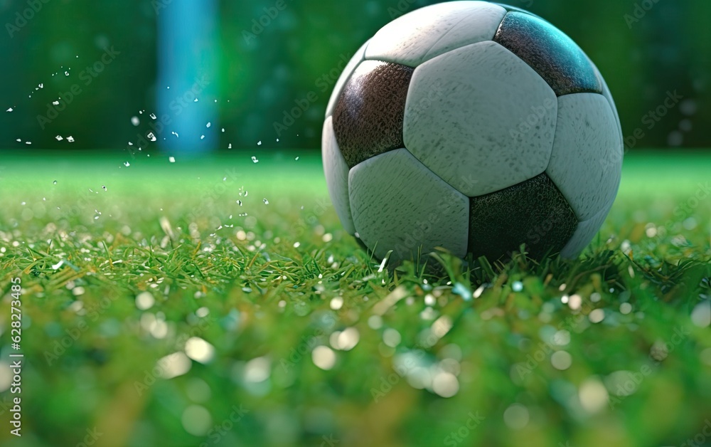 Naklejka premium Soccer ball on a grass green field, close up view, generative ai