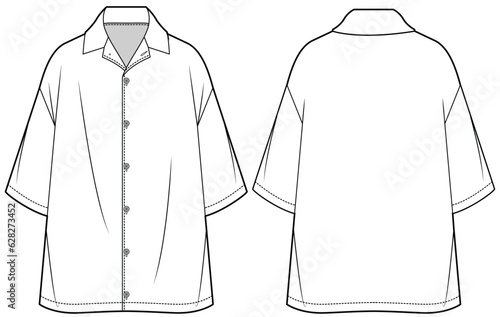 mens short sleeve drop shoulder oversized button up collared shirt flat sketch vector illustration front and back view baggy fit woven shirt technical cad drawing template