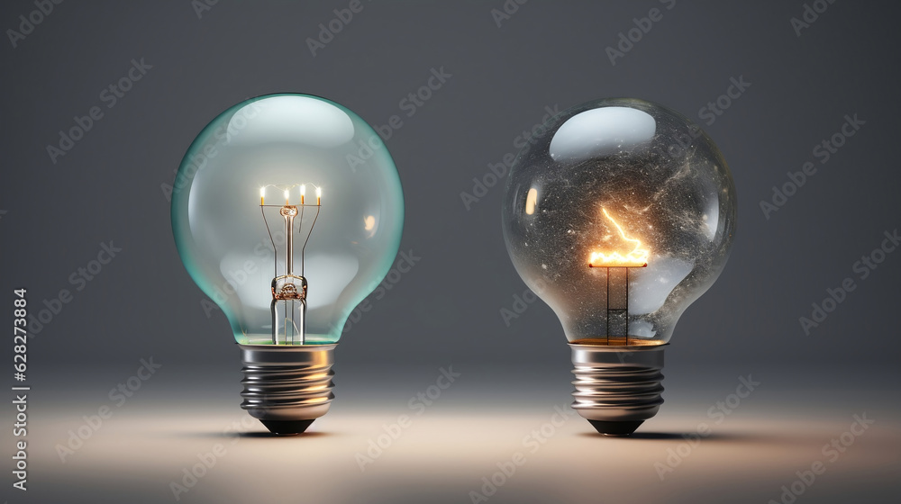 two bulbs, one light bulb, one environment pollution, Generative AI. two bulbs, one light bulb, one environment pollution, Generative AI.