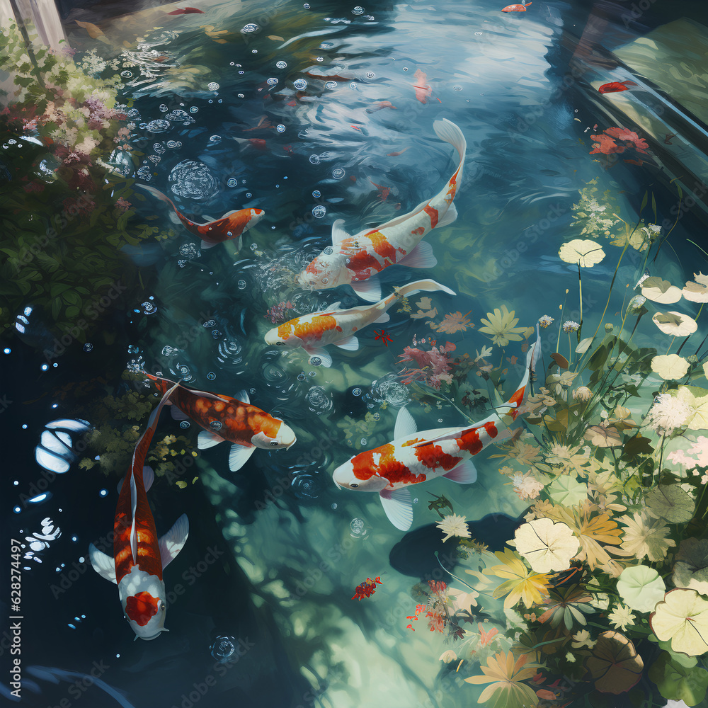 Various fish are playing in a clear and beautiful pond, generated by generative artificial intelligence Various fish are playing in a clear and beautiful pond, generated by generative artificial intelligence