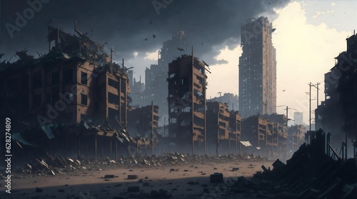 Illustration of a destroyed city at war. Generative AI.