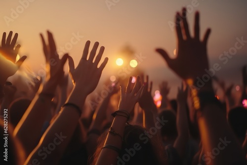 Cheering crowd with hands in air at music festival, AI generated illustration