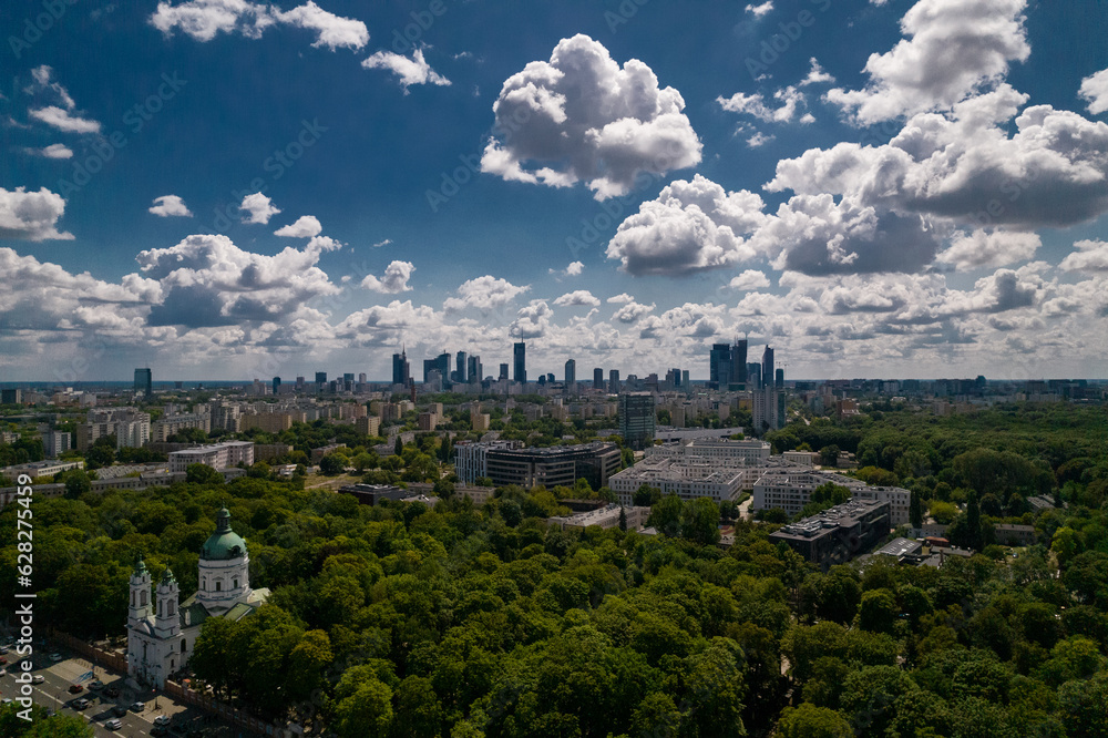 Drone, Warsaw city, sky, clouds, green, landscape, buildings, urban design, traffic, park, view, summer, blue