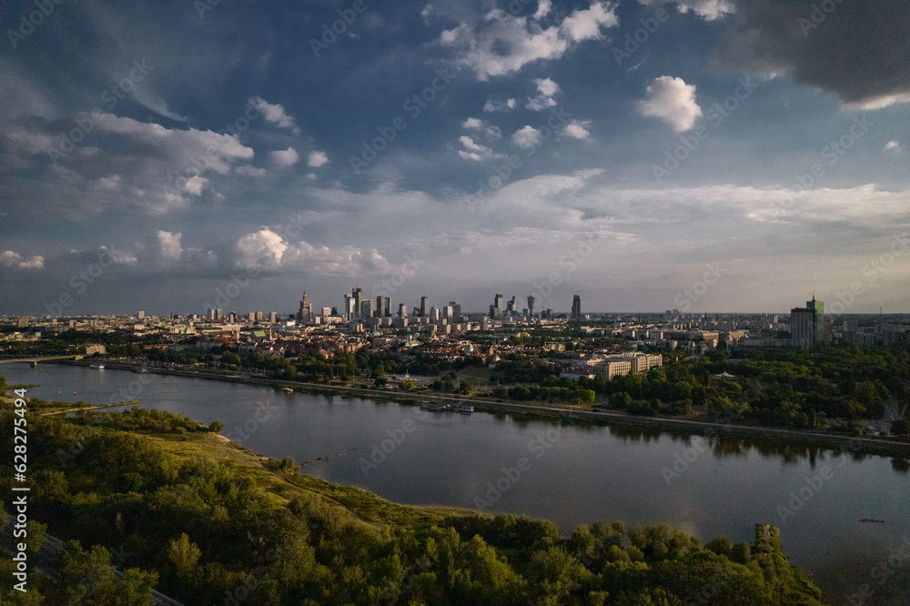 Vistula river, Drone, Warsaw city, sky, clouds, green, landscape, buildings, urban design, traffic, park, view, summer, blue