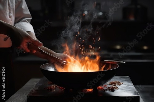 Chef hands keep wok with fire. Closeup chef hands cook