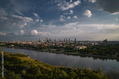 Vistula river, Drone, Warsaw city, sky, clouds, green, landscape, buildings, urban design, traffic, park, view, summer, blue