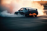 Car drifting burning tires on speed track, AI