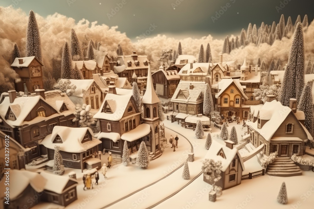 Christmas village with Snow in vintage style.