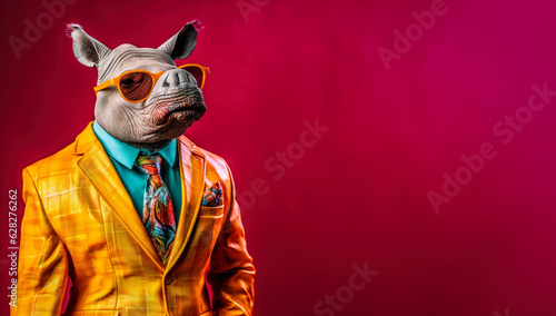 Cool looking rhino wearing funky fashion dress - jacket  tie  glasses. Wide banner with space for text at side. Stylish animal posing as supermodel. Generative AI