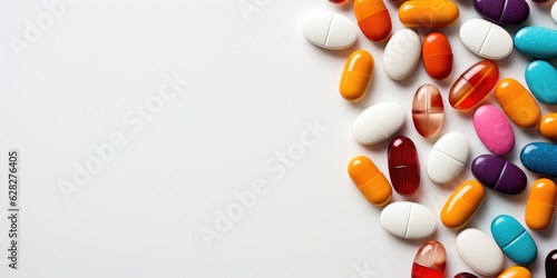 different pills on white background, top view 