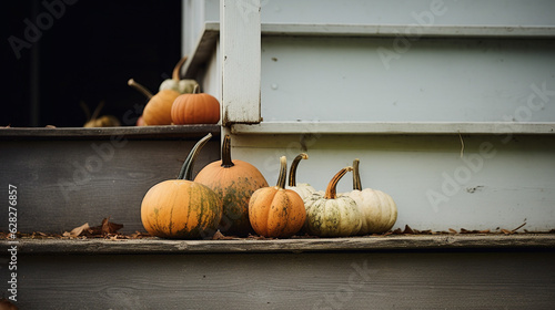 Decorative Pumpkins on Old Farmhouse Porch Steps in Vibrant Fall Colors Against Moody Fall and Autumn Background - Leaves and Foliage - Generative AI
