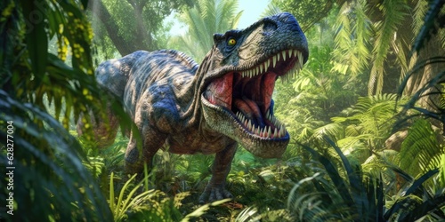 Fantasy image of tyrannosaurus in the jungle. Fantastic. High quality illustration. Generative AI © 22_monkeyzzz