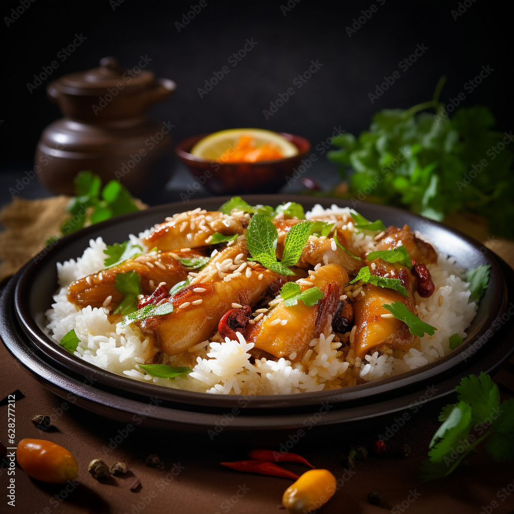 une viande, riz et sauce soja concept de la nourriture asiatique - IA Generated