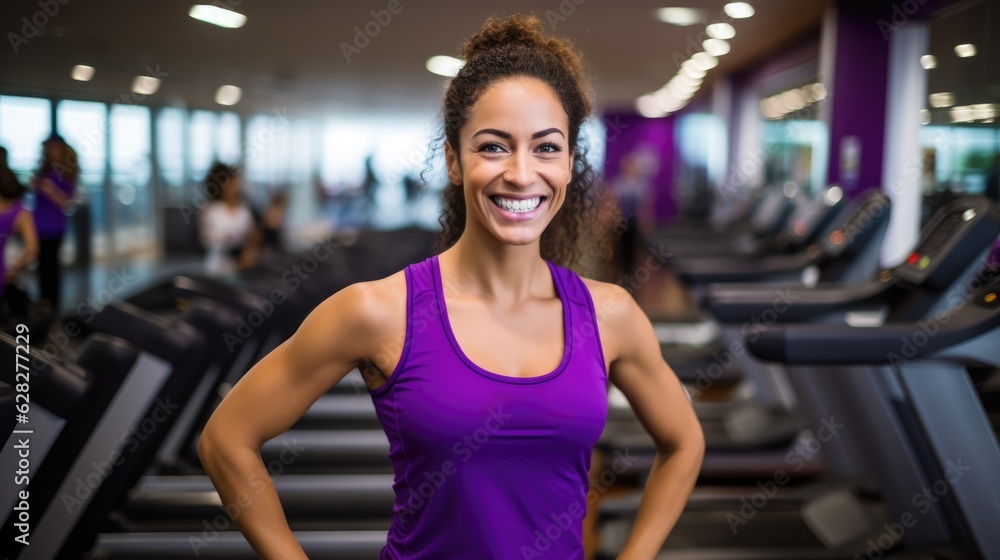 Smiling young woman wearing sport clothes posing at the gym