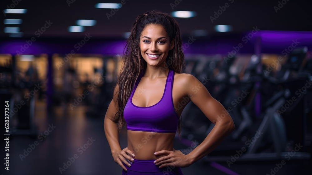 Smiling young woman wearing sport clothes posing at the gym