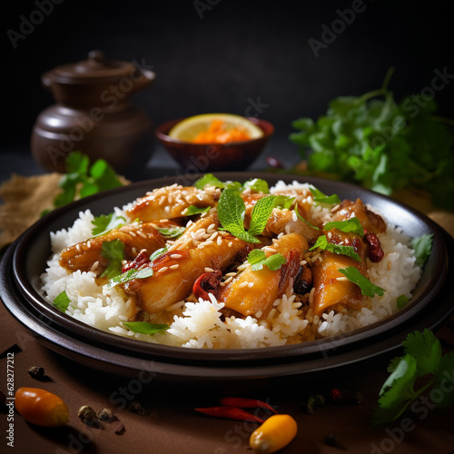 une viande, riz et sauce soja concept de la nourriture asiatique - IA Generated