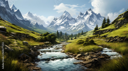 Beautiful mountain landscape with a small river in it. Generative AI © senadesign
