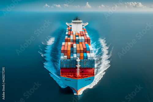 Aereal view of a containership in the blue sea.