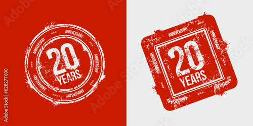 Group of 20th anniversary logos drawn as stamps, red frames for celebration. Grunge rubber stamp texture. Holiday stamps. Collection of postage stamps. Vector round and rectangular stamps