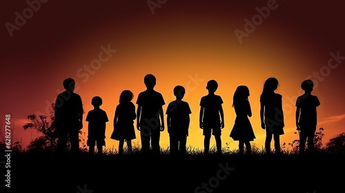 HAPPY CHILDREN SILHOUETTES ON SUNSET BACKGROUND. GENERATIVE AI.