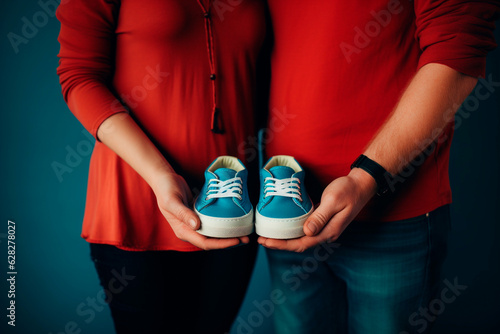 A pregnant mom and dad holding a pair of baby shoes.