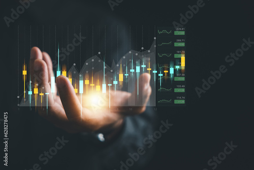 Trader or investor man reveals a hologram of a growing stock chart in a close-up shot. Stock market data analysis, strategic planning, and business growth concepts. The path to success is clear.