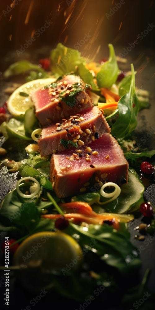 Grilled tuna steak in a restaurant dish close-up. Generative AI
