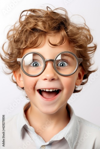 Funny looking child boy wears eyeglasses with very thick lenses. Generative AI