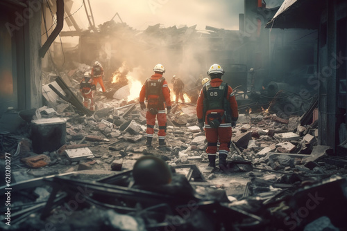 911, rescuer. A fire rescuer is a firefighter who rescues and evacuates people from fire, extinguishes fires and prevents similar incidents. fire, children, ruins, danger photo