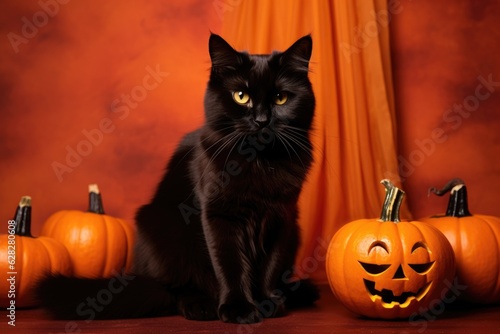 Fluffy cute black cat with pumpkin jack o lantern on dark orange background. Halloween autumn concept. Background with copy space