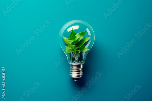A lightbulb with green leaves on a blue background. Sustainable energy, Save the Planet.
