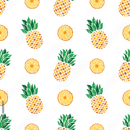 Pineapples Seamless Pattern. Floral Summer Background with Pineapple Tropical Fruit, Slices and Leaves. Vector Illustration