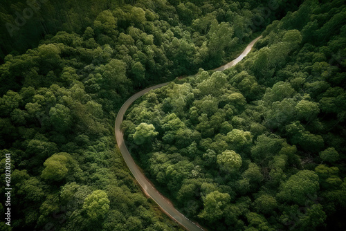 Aerial view mountain paths rural road. Winding road through a lush forest from an aerial perspective. Beautyfull curve road on green forest in the rain season background. Generative AI