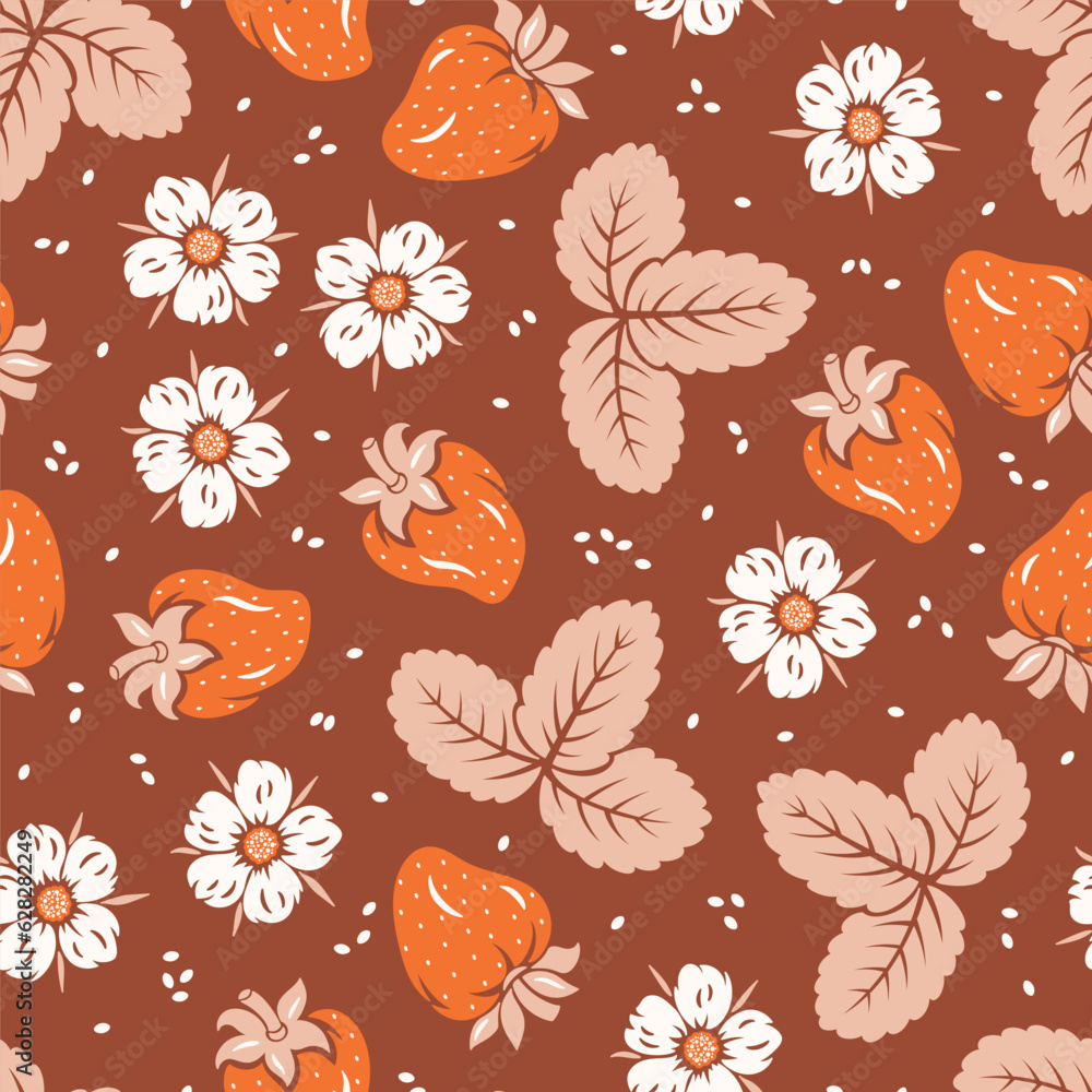 Strawberries Seamless Pattern. Berry, Leaf and Flower of Strawberry. Berries Vector Pink Background. Fruit Wallpaper. Great for Textile, Wrapping Paper, Packaging etc.