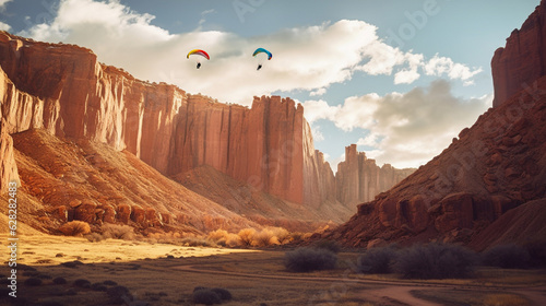 "People paragliding in the desert canyon.