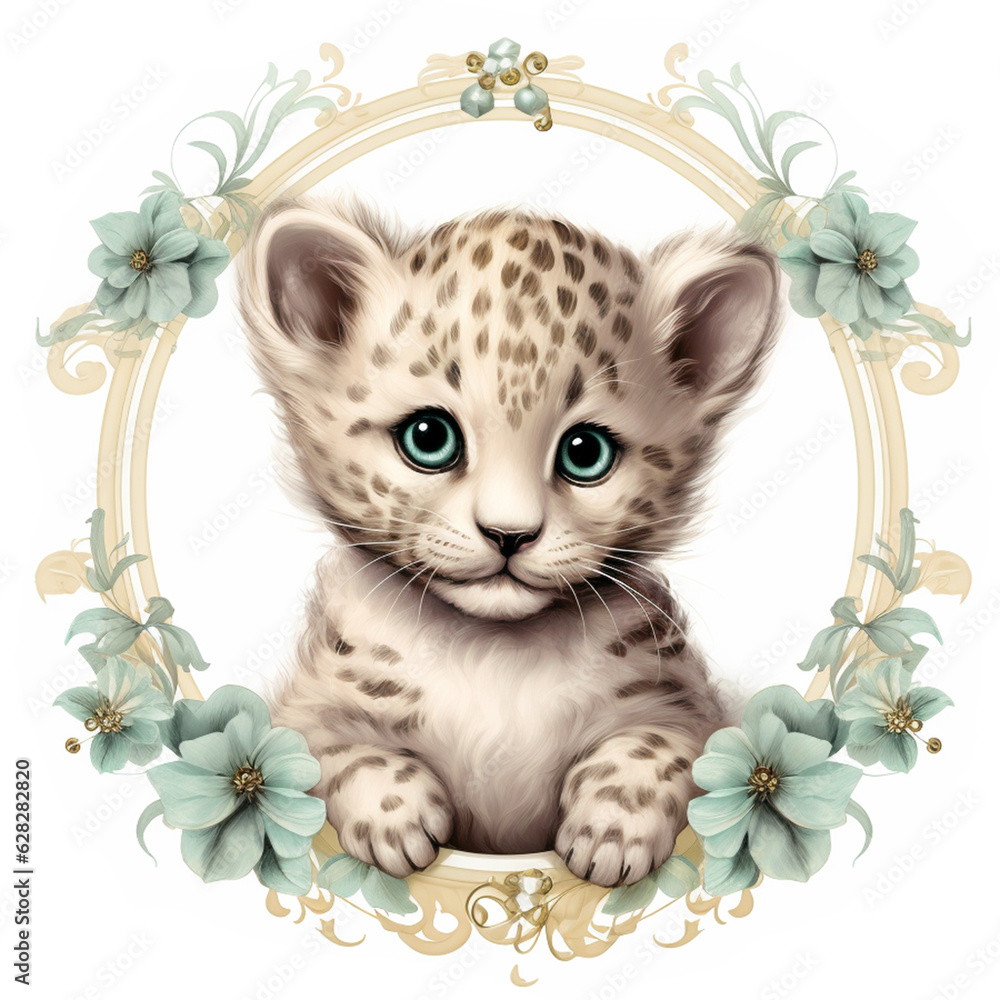 Obraz na plátně In this artistic image, where wilderness meets the artistry of vintage elegance and floral motifs, an adorable baby leopard cub stands within a vintage-style frame