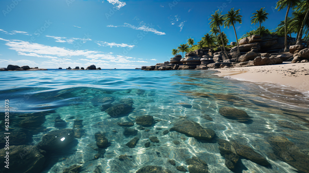 Fototapeta premium White sandy beach on a tropical island and clear sea. Paradise secluded island. Created with Generative AI