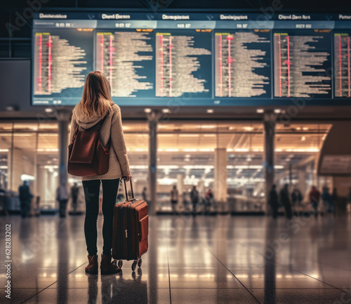 Photo Young woman with backpack on his back waiting at airport or large train station, view from behind