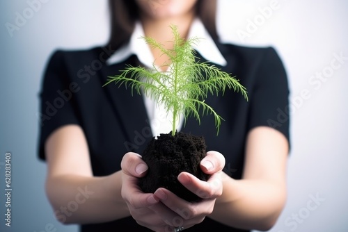 close up shot of an unrecognisable businesswoman holding a plant growing out of soil photo