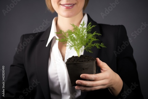 close up shot of an unrecognisable businesswoman holding a plant growing out of soil photo