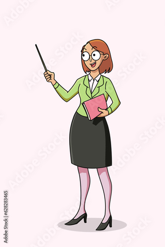 Cartoon illustration of a teacher holding a stick and carrying a book