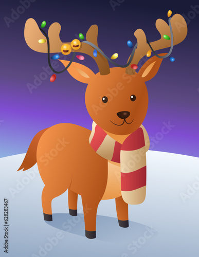 Vector illustration of cute little cartoon reindeer in the snow