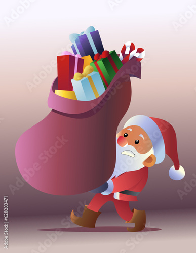 Christmas theme illustration of cartoon Santa Claus carrying lots of gitfs
