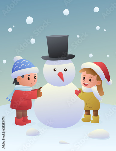 Christmas theme illustration of 2 cartoon kids boy and girl build a snowman in the snow