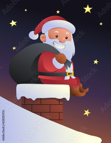 Christmas theme illustration of cartoon Santa Claus sitting in the chimney in the middle of the night