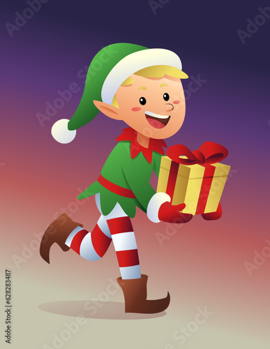Vector illustration of cartoon elf running while holding a gifts