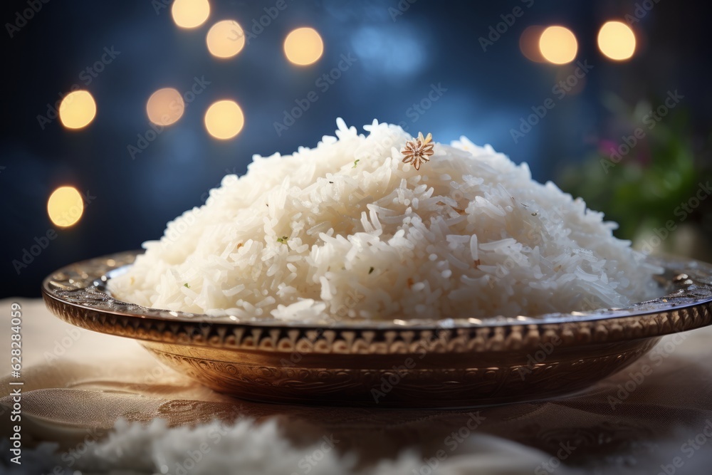 a delicious dish of basmati rice served on a metalic plate in an indian restaurant - obrazy, fototapety, plakaty 