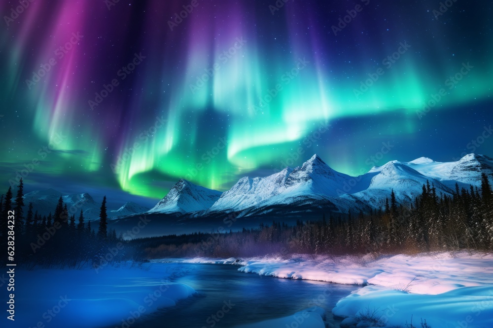northern lights shining green over snowy mountains in a polar scenary