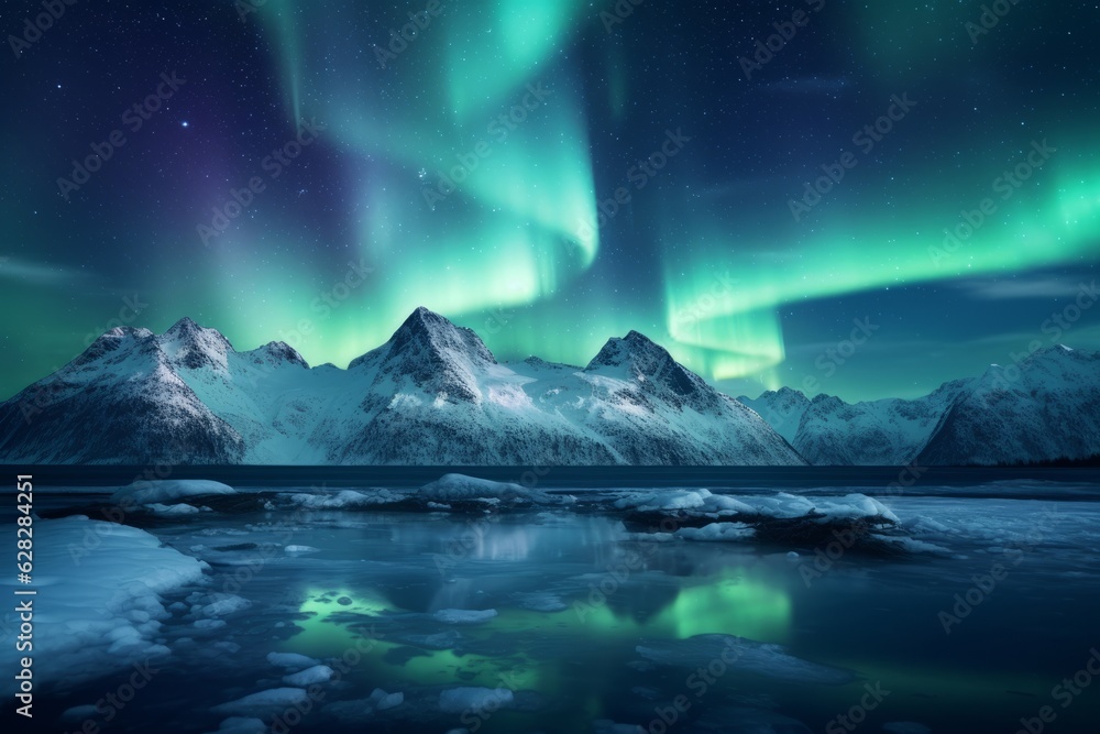 northern lights shining green over snowy mountains in a polar scenary